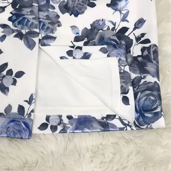 ELIZA J One Shoulder Sheath Dress Size 6 Blue Floral Print Metallic Ruffle New - Picture 7 of 13